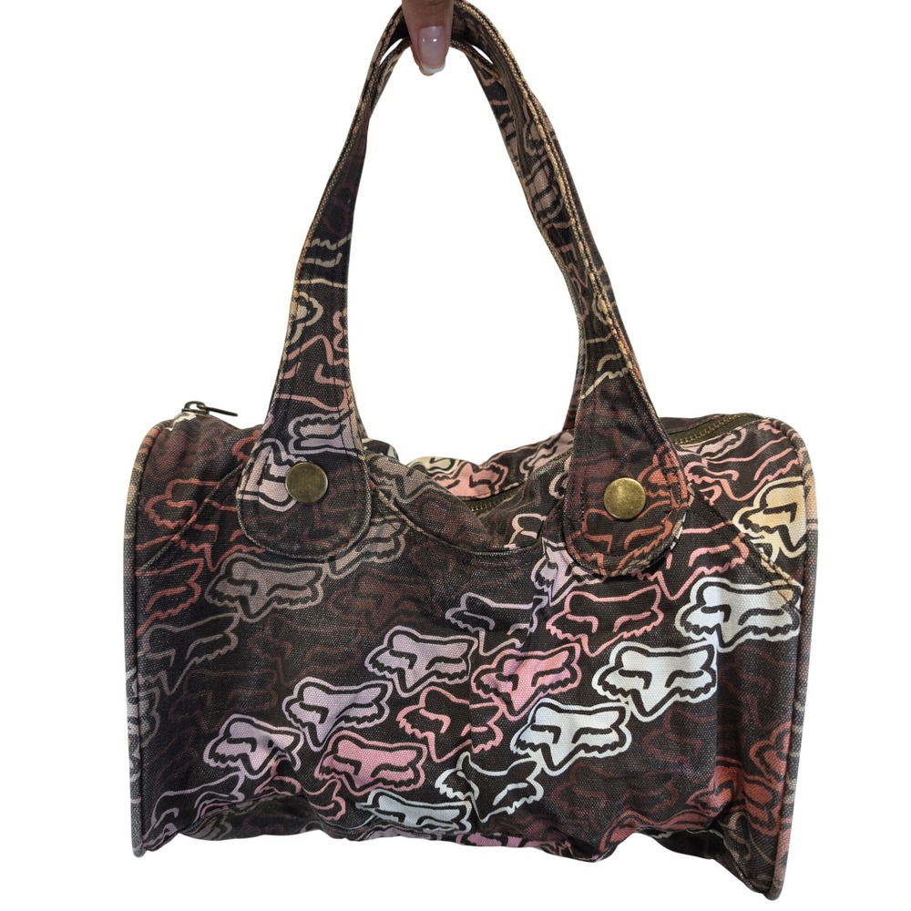 Fox Racing Canvas Barrel Bag Pink Brown Logo Print Y2K Handbag